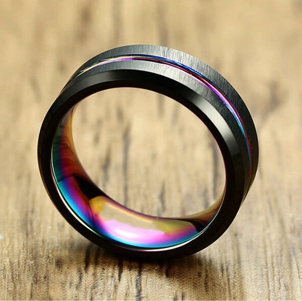 New Rainbow & Black Rainbow Groove Tungsten Ring.